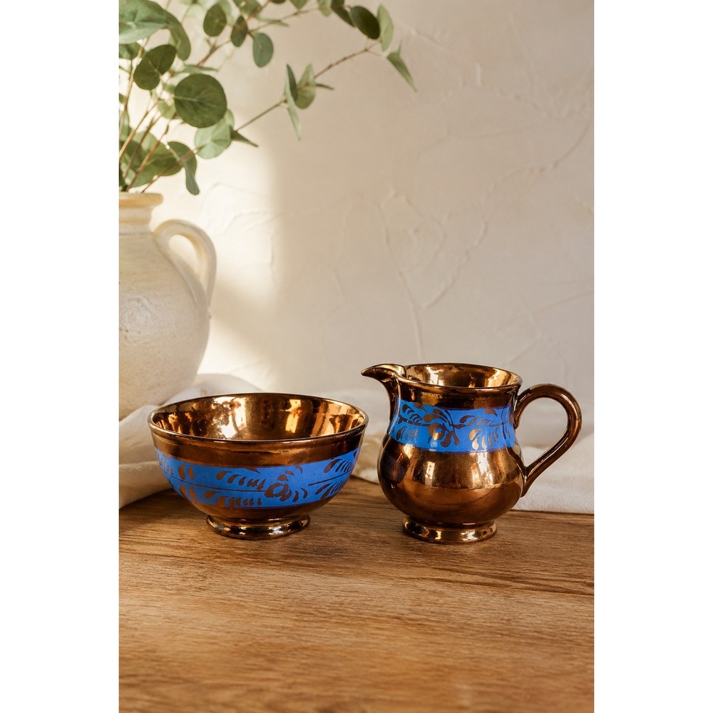 Vintage Copper Lusterware Creamer and Sugar Bowl Set Cobalt Blue Floral Bronze